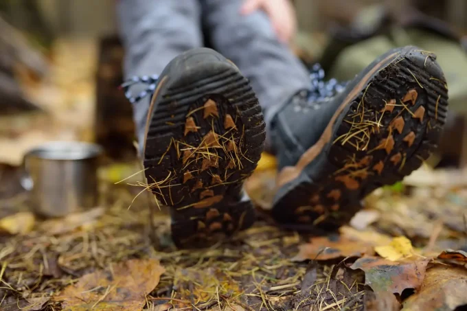 close up of hiking boot soles