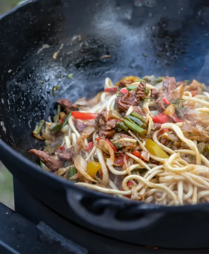 pad thai cooked on camp stove
