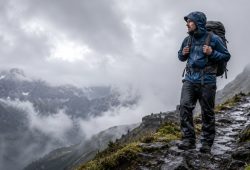 Backpacker hiking a misty trail in the rain wearing a waterproof shell