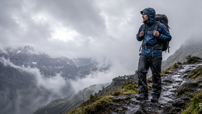 Backpacker hiking a misty trail in the rain wearing a waterproof shell